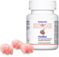Produktbild von Burgerstein VitaMini mit den Elefanten-Gummies daneben.